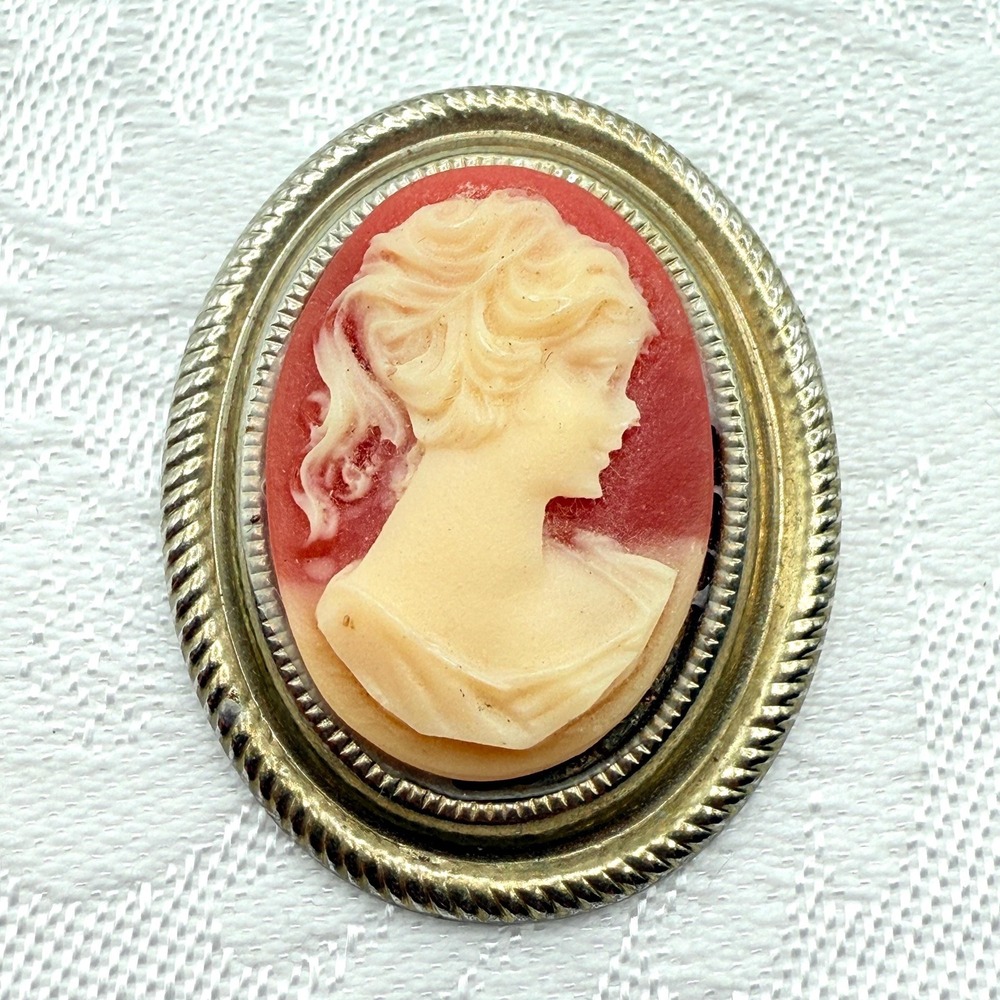 Wonderful Vintage Art Nouveau Style Pink Cameo Lady Pin Brooch